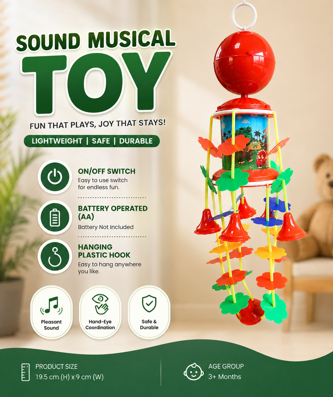 Musical Merry Go Round Automatic Toy Jhoomer |Colorful Baby Musical Hanging Toy | Easy Hanging Hook | Battery Operated | Safe Plastic Toy for Nursery